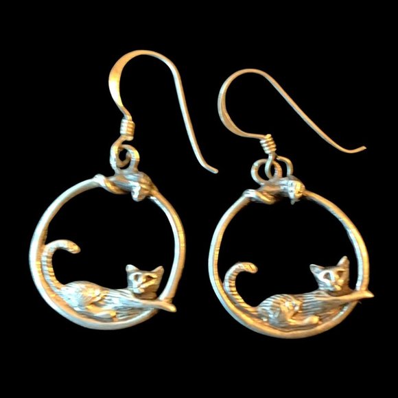 Vintage 925 Sterling Silver Cat & Mouse Earrings with Ear Wires 1" Drops - Picture 2 of 4